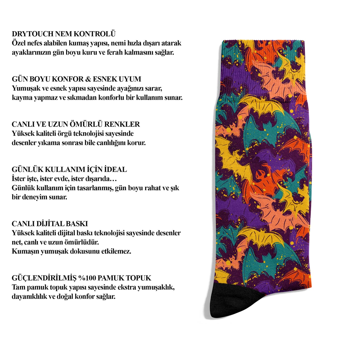 Bat Patterned Psychedelic Ankle Socks Digital Printed Unisex – DRY TOUCH® Performance Socks