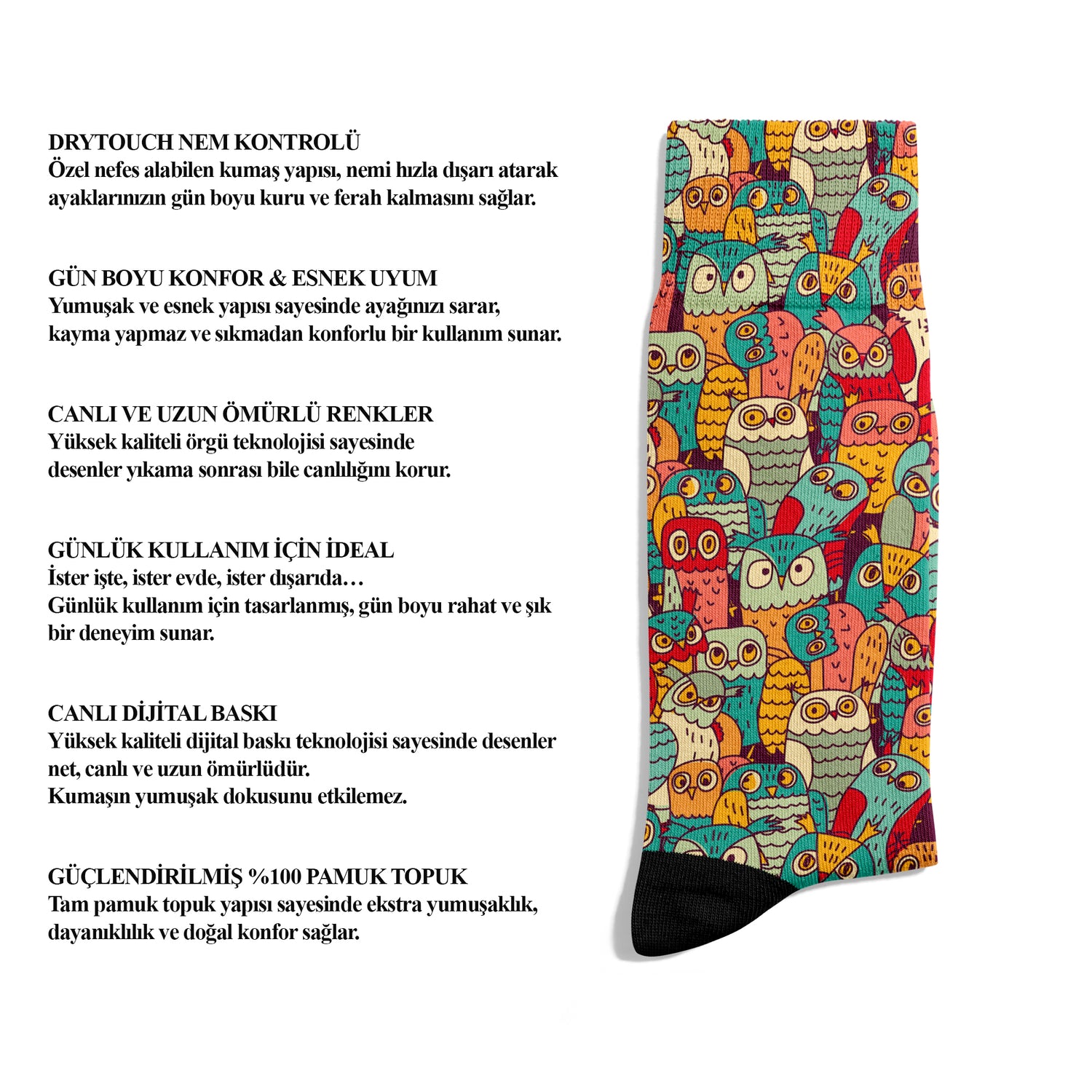 Owl Themed Earth Tones Retro Crew Socks Digital Printed Unisex – Breathable Performance Series