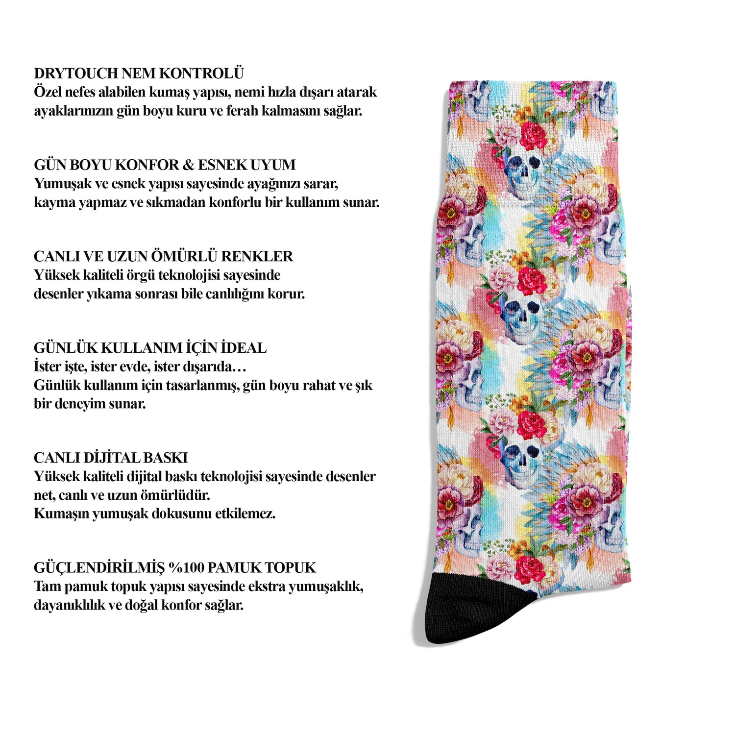Flowered Skull Design Ankle Socks Digital Print Unisex – DRY TOUCH® Performance Socks