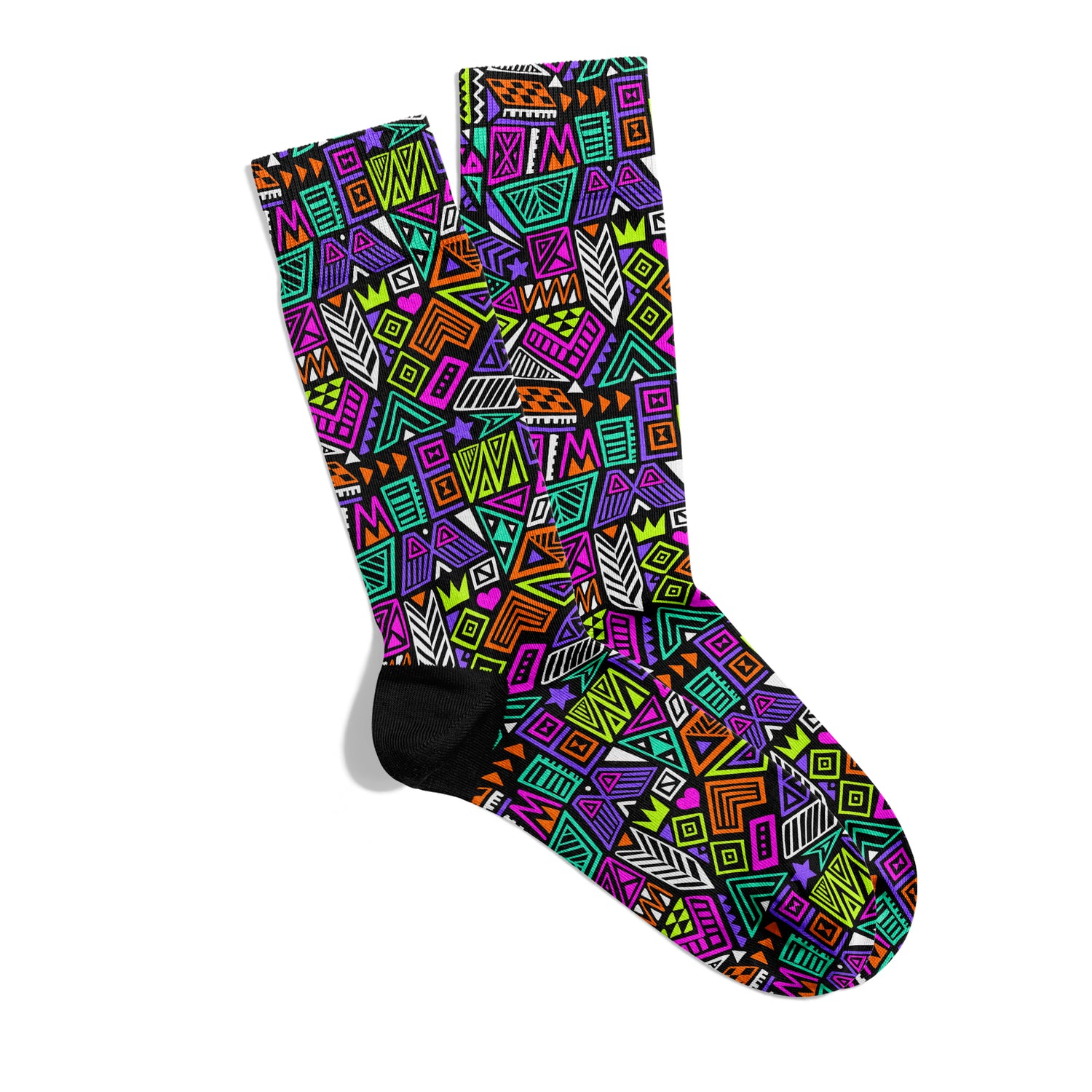 Neon Geometric Labyrinth Ethnic Pattern Dynamic Socket Socks Digital Printed Unisex - Breathable Performance Series